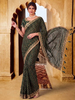 Akhilam - Women Green Embroidered Silk Saree with Unstitched Blouse