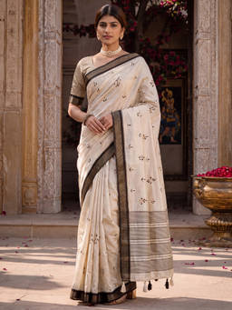 Akhilam - Women Off White Embroidered Linen Saree with Unstitched Blouse