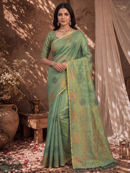 Akhilam - Women Green Handloom Linen Saree with Unstitched Blouse