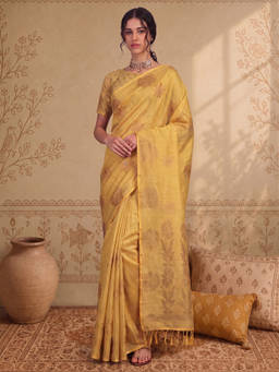 Akhilam - Women Yellow Handloom Linen Saree with Unstitched Blouse