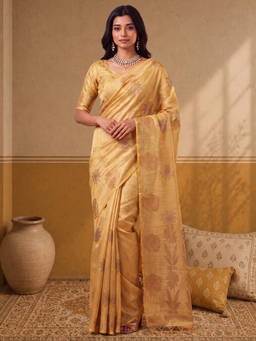 Akhilam - Women Cream Handloom Linen Saree with Unstitched Blouse