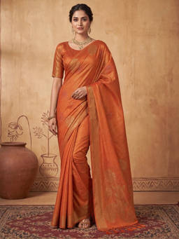 Akhilam - Women Orange Handloom Linen Saree with Unstitched Blouse