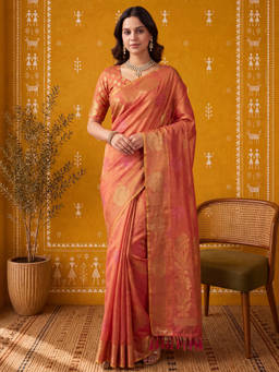 Akhilam - Women Pink Handloom Linen Saree with Unstitched Blouse