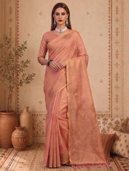 Akhilam - Women Pink Handloom Linen Saree with Unstitched Blouse