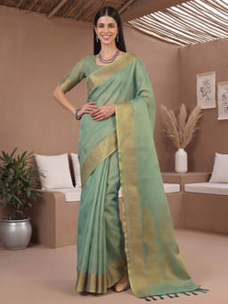 Akhilam - Women Green Handloom Linen Saree with Unstitched Blouse