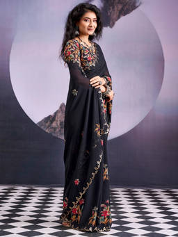 Akhilam - Women Black Embroidered Georgette Saree with Unstitched Blouse