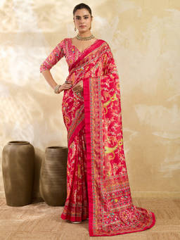 Akhilam - Women Pink Embellished Silk Blend Saree with Unstitched Blouse