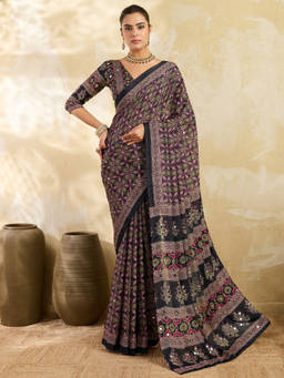 Akhilam - Women Black Embellished Silk Blend Saree with Unstitched Blouse