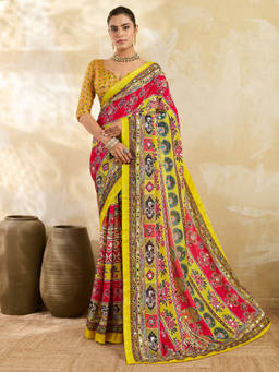 Akhilam - Women Yellow Embellished Silk Blend Saree with Unstitched Blouse