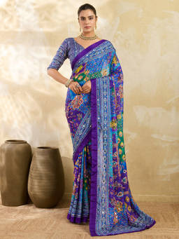 Akhilam - Women Purple Embellished Silk Blend Saree with Unstitched Blouse