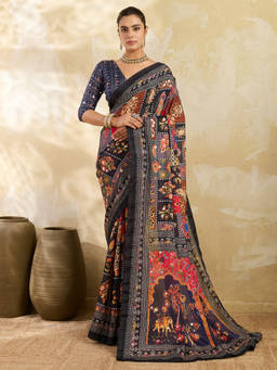 Akhilam - Women Black Embellished Silk Blend Saree with Unstitched Blouse