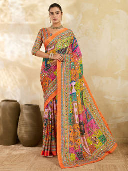 Akhilam - Women Orange Embellished Silk Blend Saree with Unstitched Blouse