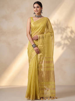 Akhilam - Women Yellow Handloom Tissue Saree with Unstitched Blouse
