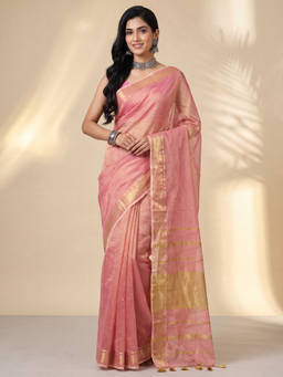 Akhilam - Women Pink Handloom Tissue Saree with Unstitched Blouse