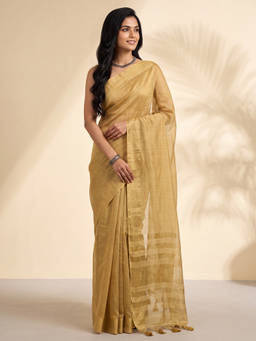 Akhilam - Women Gold Handloom Tissue Saree with Unstitched Blouse