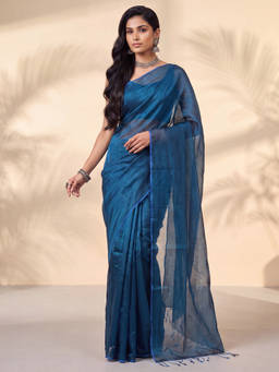 Akhilam - Women Teal Embellished Tissue Saree with Unstitched Blouse