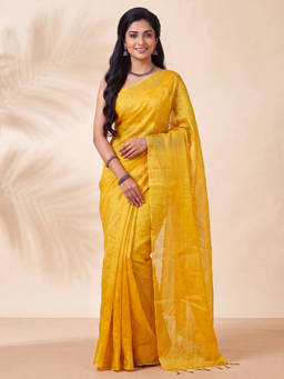 Akhilam - Women Yellow Embellished Tissue Saree with Unstitched Blouse