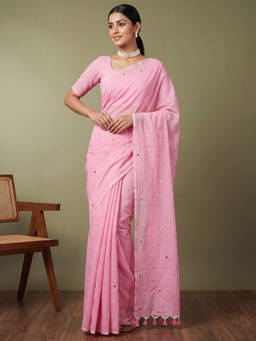 Akhilam - Women Pink Solid/Plain Pure Cotton Saree with Unstitched Blouse