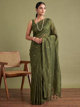 Akhilam - Women Olive Solid/Plain Pure Cotton Saree with Unstitched Blouse
