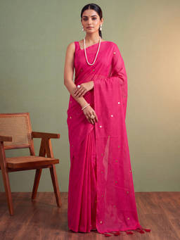 Akhilam - Women Pink Solid/Plain Pure Cotton Saree with Unstitched Blouse