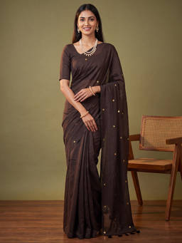 Akhilam - Women Brown Solid/Plain Pure Cotton Saree with Unstitched Blouse