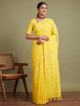 Akhilam - Women Yellow Solid/Plain Pure Cotton Saree with Unstitched Blouse