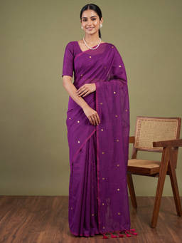Akhilam - Women Purple Solid/Plain Pure Cotton Saree with Unstitched Blouse