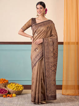 Akhilam - Women Brown Printed Silk Blend Saree with Unstitched Blouse
