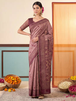 Akhilam - Women Mauve Printed Silk Blend Saree with Unstitched Blouse