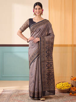 Akhilam - Women Grey Printed Silk Blend Saree with Unstitched Blouse