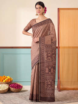 Akhilam - Women Brown Printed Silk Blend Saree with Unstitched Blouse