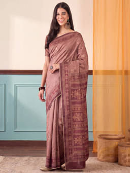 Akhilam - Women Mauve Printed Silk Blend Saree with Unstitched Blouse