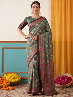 Akhilam - Women Green Printed Silk Blend Saree with Unstitched Blouse