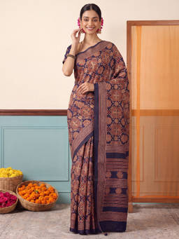 Akhilam - Women Navy Blue Printed Silk Blend Saree with Unstitched Blouse