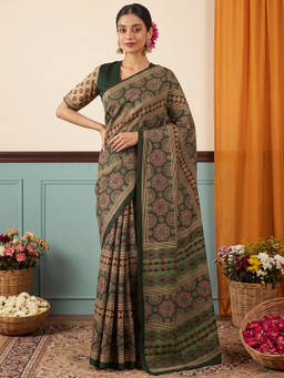 Akhilam - Women Green Printed Silk Blend Saree with Unstitched Blouse