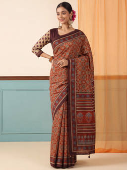 Akhilam - Women Rust Printed Silk Blend Saree with Unstitched Blouse