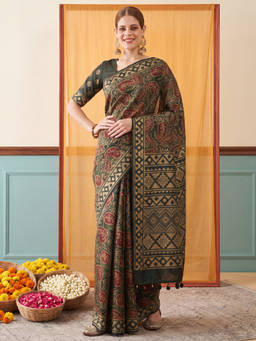 Akhilam - Women Green Printed Silk Blend Saree with Unstitched Blouse