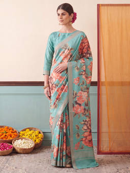 Akhilam - Women Turquoise Printed Cotton Blend Saree with Unstitched Blouse
