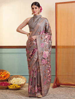 Akhilam - Women Grey Printed Cotton Blend Saree with Unstitched Blouse