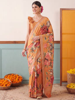 Akhilam - Women Orange Printed Cotton Blend Saree with Unstitched Blouse