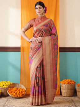 Akhilam - Women Rust Printed Cotton Blend Saree with Unstitched Blouse