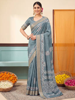 Akhilam - Women Grey Handloom Silk Blend Saree with Unstitched Blouse