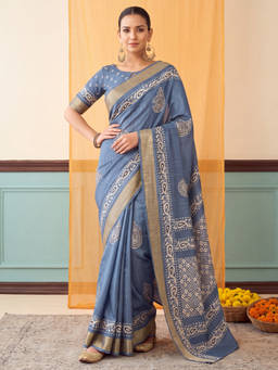 Akhilam - Women Blue Handloom Silk Blend Saree with Unstitched Blouse