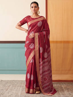 Akhilam - Women Maroon Handloom Silk Blend Saree with Unstitched Blouse