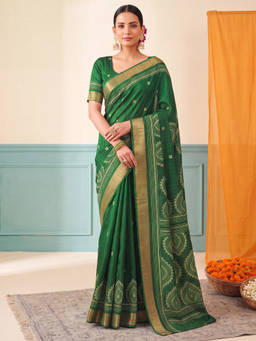 Akhilam - Women Green Handloom Silk Blend Saree with Unstitched Blouse