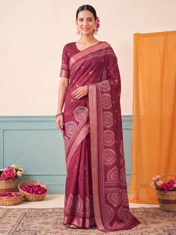 Akhilam - Women Maroon Handloom Silk Blend Saree with Unstitched Blouse