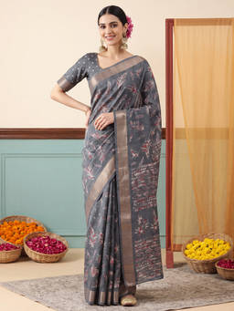 Akhilam - Women Charcoal Handloom Silk Blend Saree with Unstitched Blouse