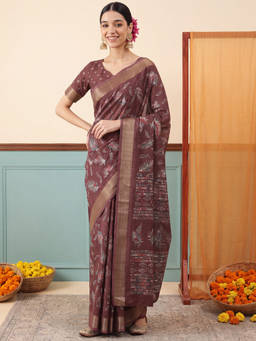Akhilam - Women Maroon Handloom Silk Blend Saree with Unstitched Blouse