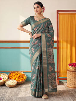 Akhilam - Women Teal Handloom Silk Blend Saree with Unstitched Blouse