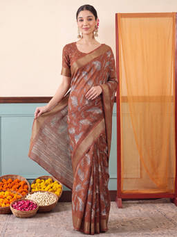 Akhilam - Women Rust Handloom Silk Blend Saree with Unstitched Blouse